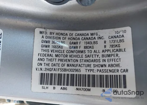 2011 Honda Civic Lx from USA, damaged, VIN 2HGFA1F55BH302965